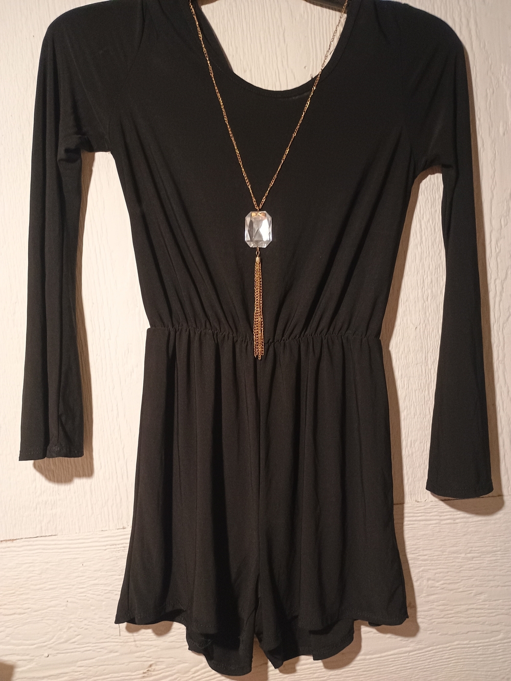 Black Long-Sleeve Romper with Elastic Waist